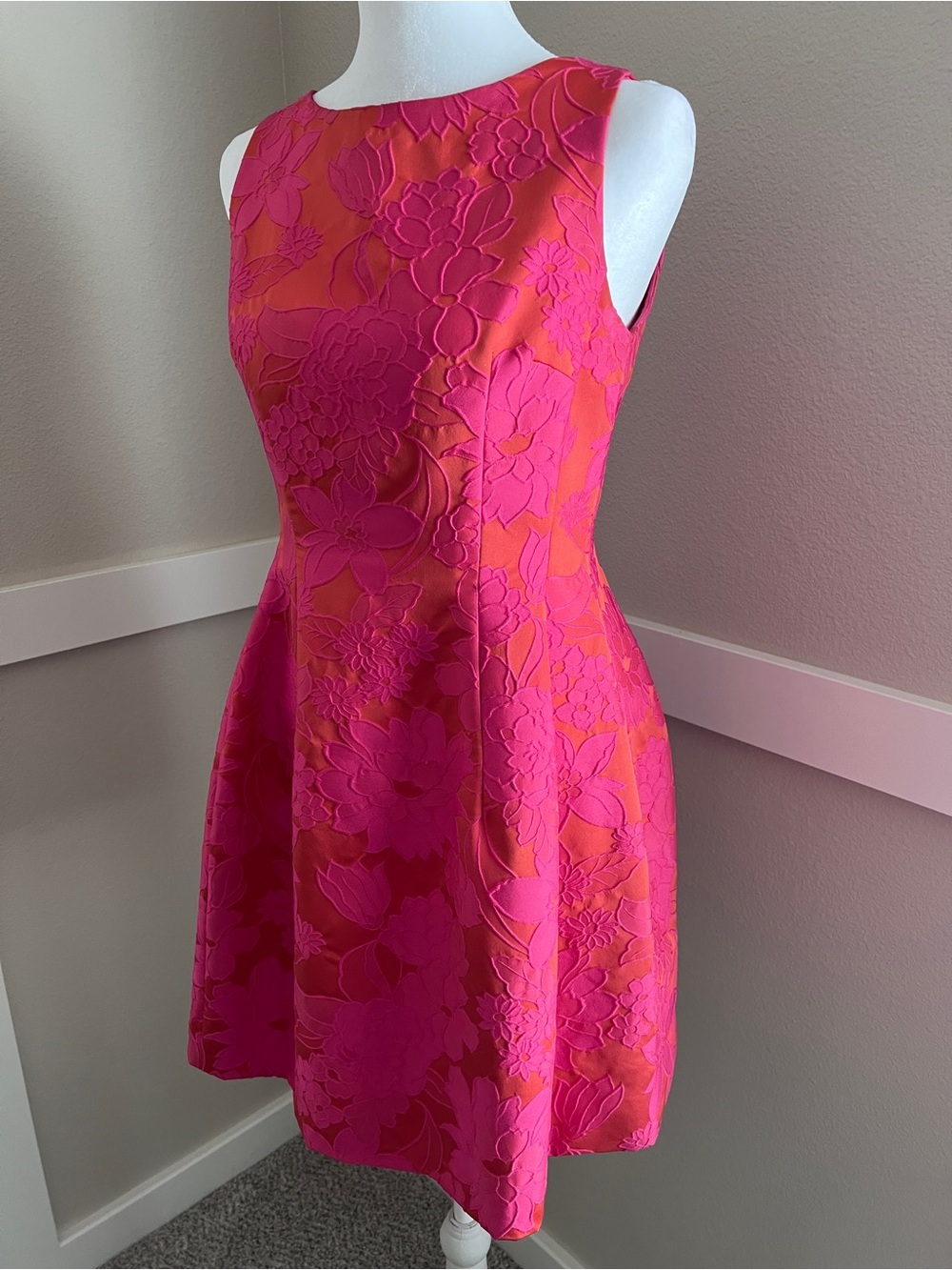 Alexia Admor Fuchsia Pink & Orange Floral Jacquard Fit & Flare Dress - Size S - Picture 4 of 11